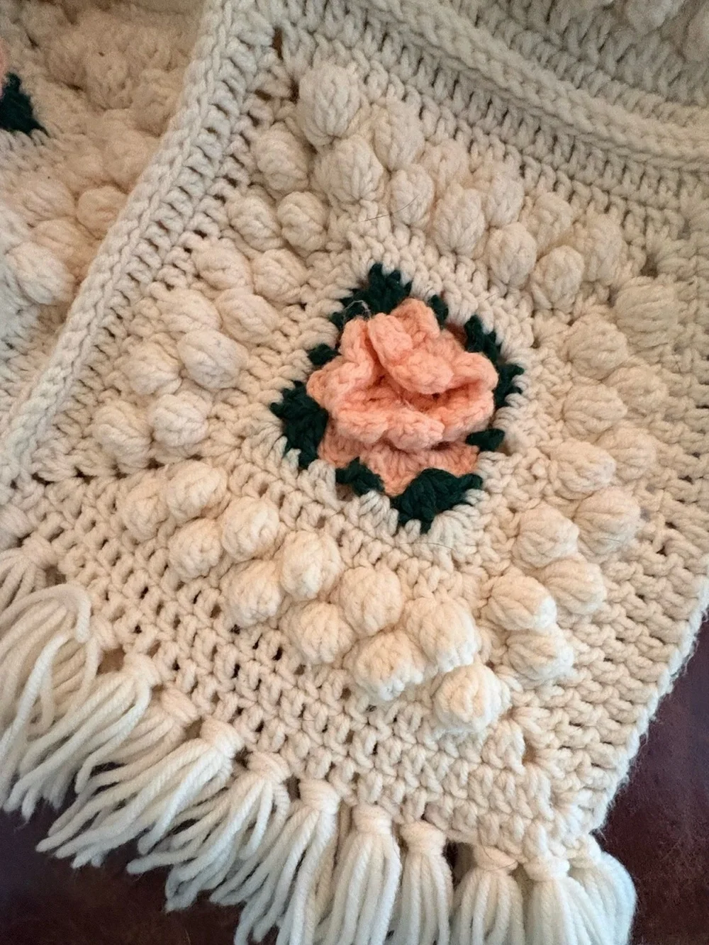 Handmade Cream Crochet Blanket with Peach Floral Squares